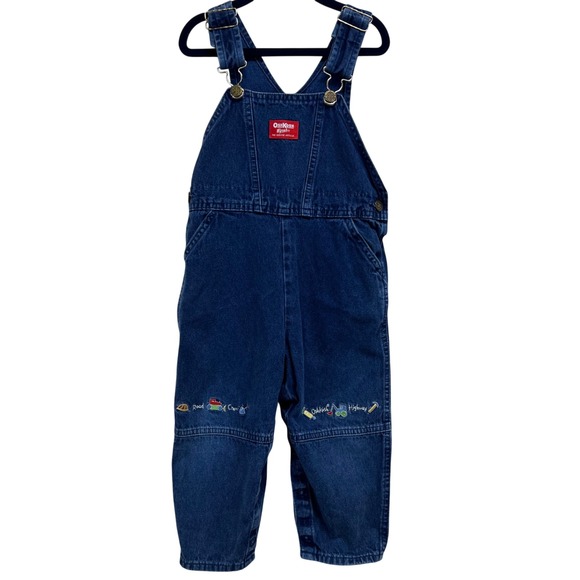 OshKosh B'gosh Other - VTG 90s OshKosh B'gosh Kids 4T Denim Overalls Embroidered Cars Road Crew Highway